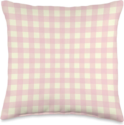 Cute Light Pink Yellow Gingham Check Plaid Checkered Pattern Throw Pillow