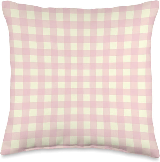 Cute Light Pink Yellow Gingham Check Plaid Checkered Pattern Throw Pillow