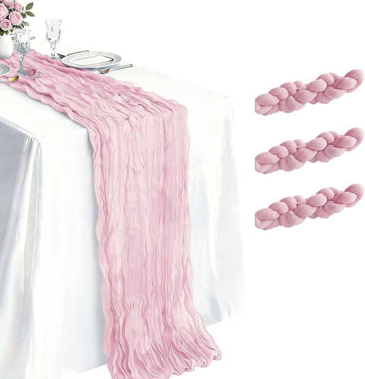 3 Pack Light Pink Cheesecloth Table Runner 21 x 120 Inch Boho Gauze Sheer Table Runner 10FT Long for Wedding Baby Shower Bridal Shower Easter Holiday Birthday Home Decor