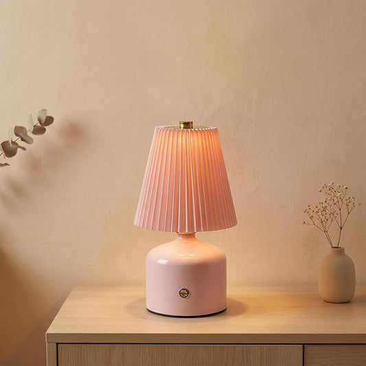 Small Cordless Table Lamp,Rechargeable Pleated Table Lamp, Touch Lamp with 3 Color Stepless Dimming, Cute Mushroom Bedside Lamp for Bedroom, Dining Room, Living Room (Pink)