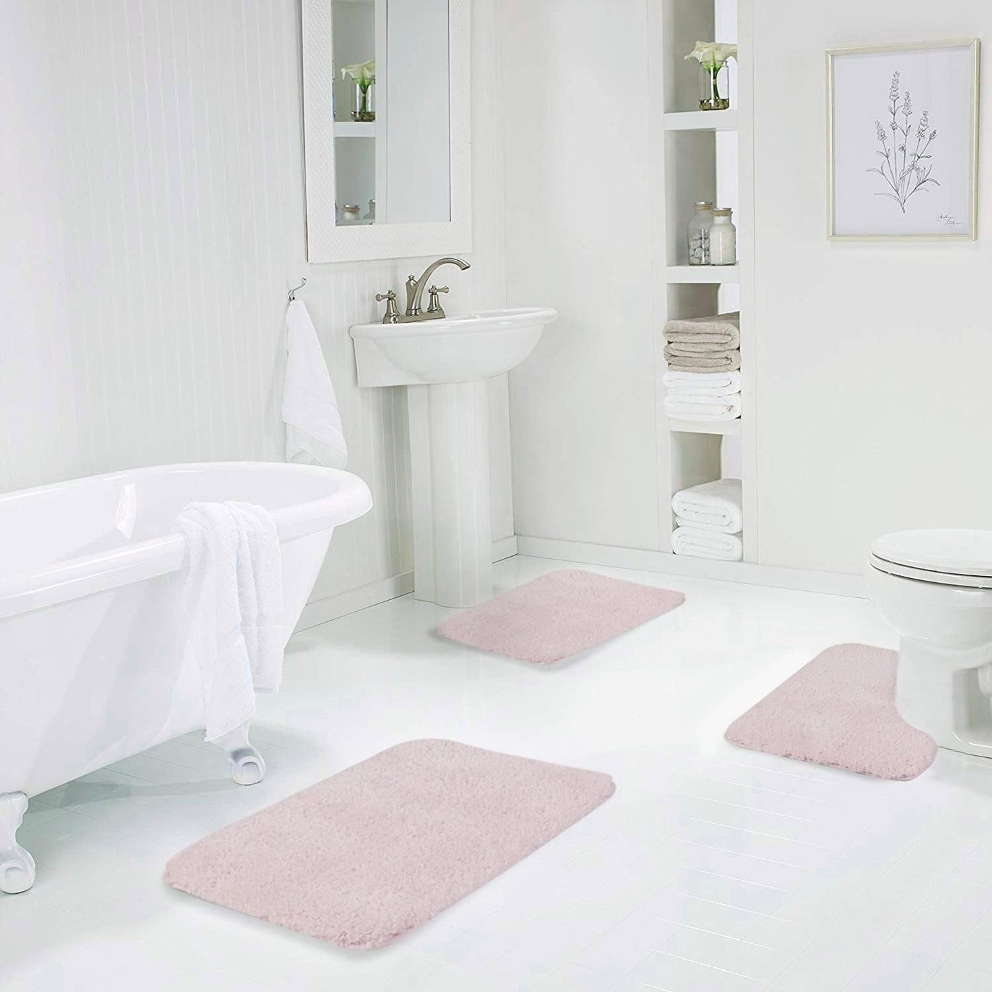 Walensee Shaggy 2 Piece Bath Rug Set (Dusty Pink) - 20 x 24 U Shape Contour & 20 x 32 Bath Mat - Machine Wash/Dry - Plush Absorbent Non Slip