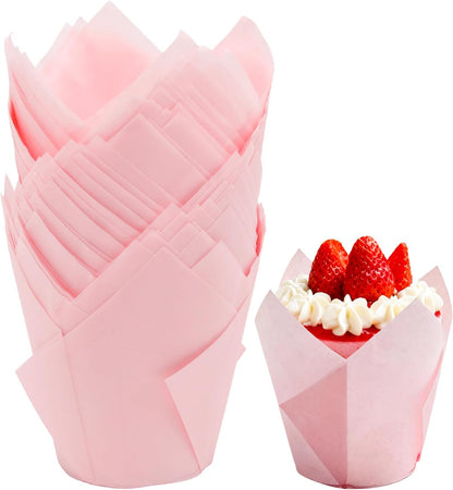 50 Pcs Pink Tulip Cupcake Liners Greaseproof Cupcake Wrappers Standard Muffin Cups Cupcakes Papers for Party Wedding Paper Muffin Liners for Baking