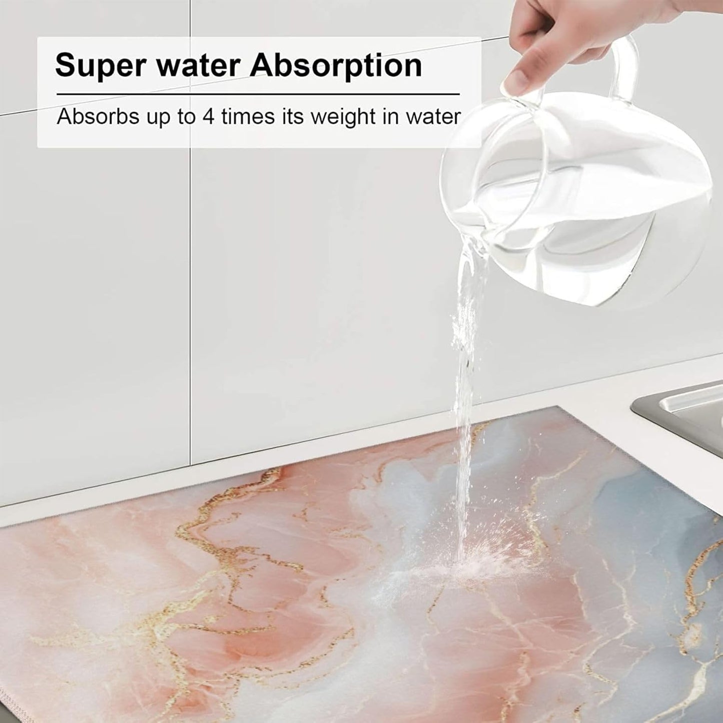 Dish Drying Mat for Kitchen Marble Light Pink Abstract Counter Absorbent Dishes Drainer Microfiber Small 16x18 Inch