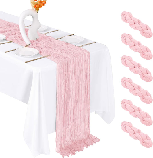 6 Pack Light Pink Cheesecloth Table Runner 20 x 120 Inch Gauze Table Runner Fabric Semi Sheer Cheese Cloth Table Decor Bulk for Rustic Romantic Wedding Baby Shower Party Table Decoration