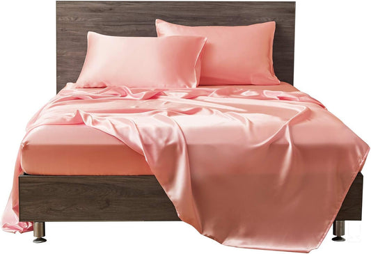 Silk Queen Size Sheets Set-Bed Sheets Set- 4 Pc- Fit 16" Inches Deep Pocket-Silky Satin Bedding Set for Adjustable Bed-(Queen Silk Sheets Peach)