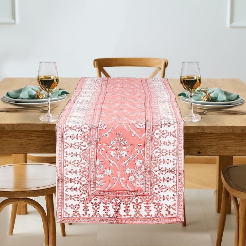 Ridhi Sweet Pink Hand Block Print 100% Cotton Reusable Table Runner 16" X 70" Inches Table Runner Decorative Everyday Use for Dining, Home Gift for Spring, Easter, Valentine