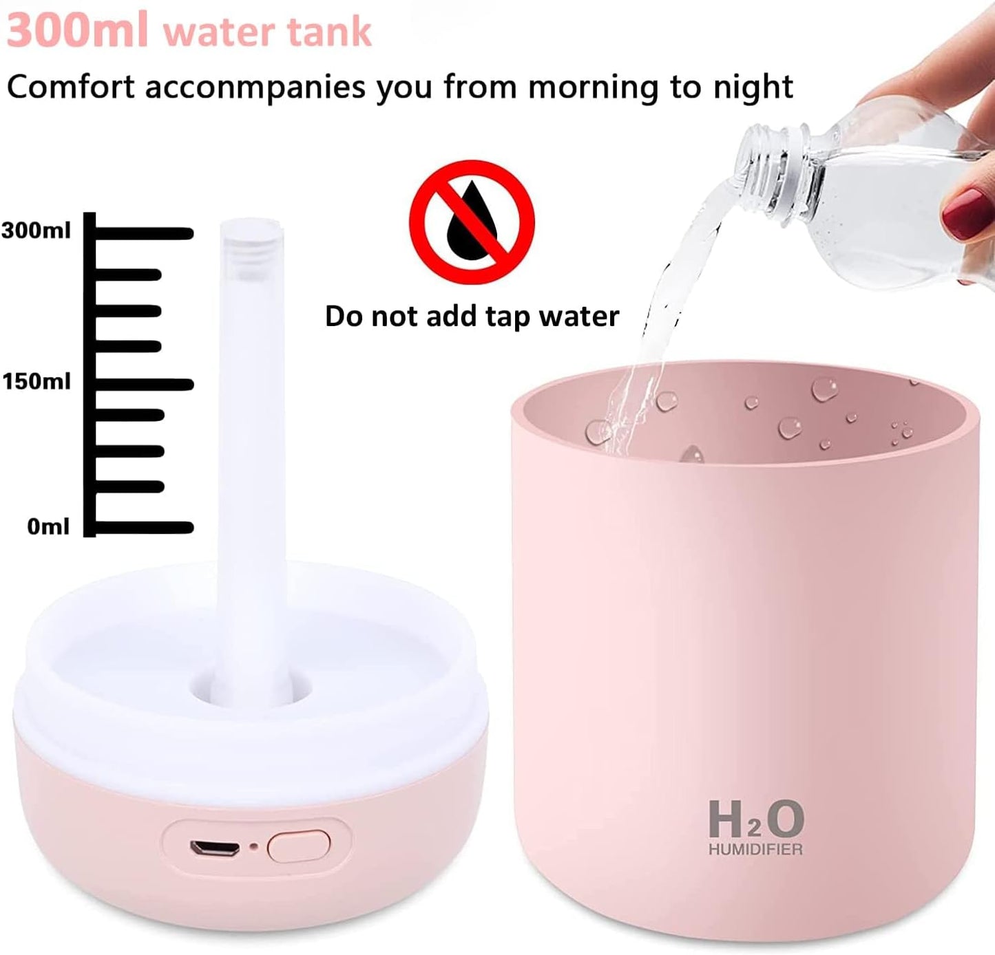 Mini Humidifier,300ml Small Cool Mist Humidifier with 7-Color LED Night Light,USB Personal Desktop Humidifier,2 Adjustable Mist Modes,Auto Shut-Off,Ultra Quiet,for Car,Office,Bedroom (Pink)