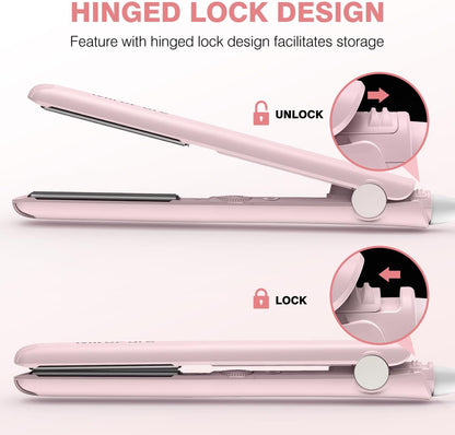 MiroPure 1 Inch Flat Iron, Hair Straightener with 30S Fast Heating & 60min Auto Shut-Off, Hair Straightener and Curler 2 in 1 with 3D Ceramic Floating Plates, Pink