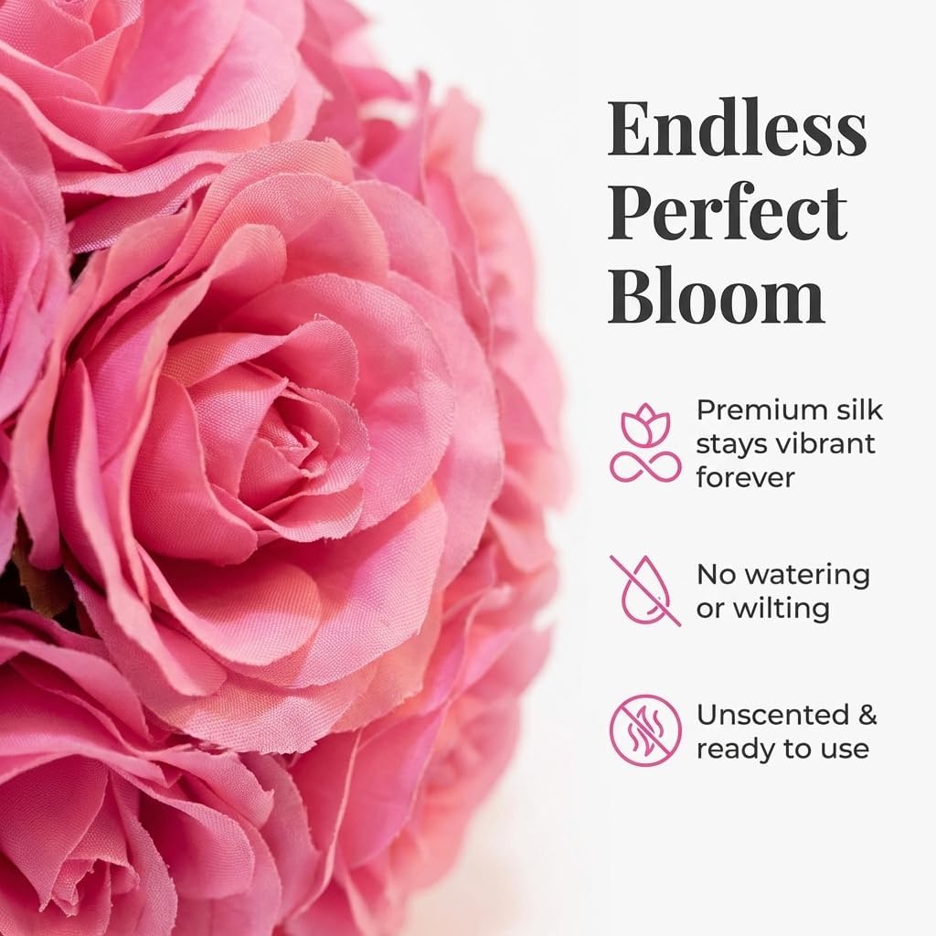 TCDesignerProducts Pink Silk Rose Kissing Ball, 12" Floral Hanging Decoration, Elegant Wedding Aisle Décor, Centerpiece Accent, Bridal & Baby Shower, Holiday & Home Display, Artificial Flower Ball