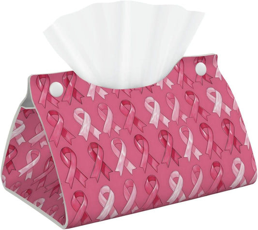 Pink Ribbon Print Long Leather Tissue Box Cover Holder, Foldable Modern Tissue Box Cover, Aesthetic Desk Accessories for Bathroom Tabletop Office Car Home Decor