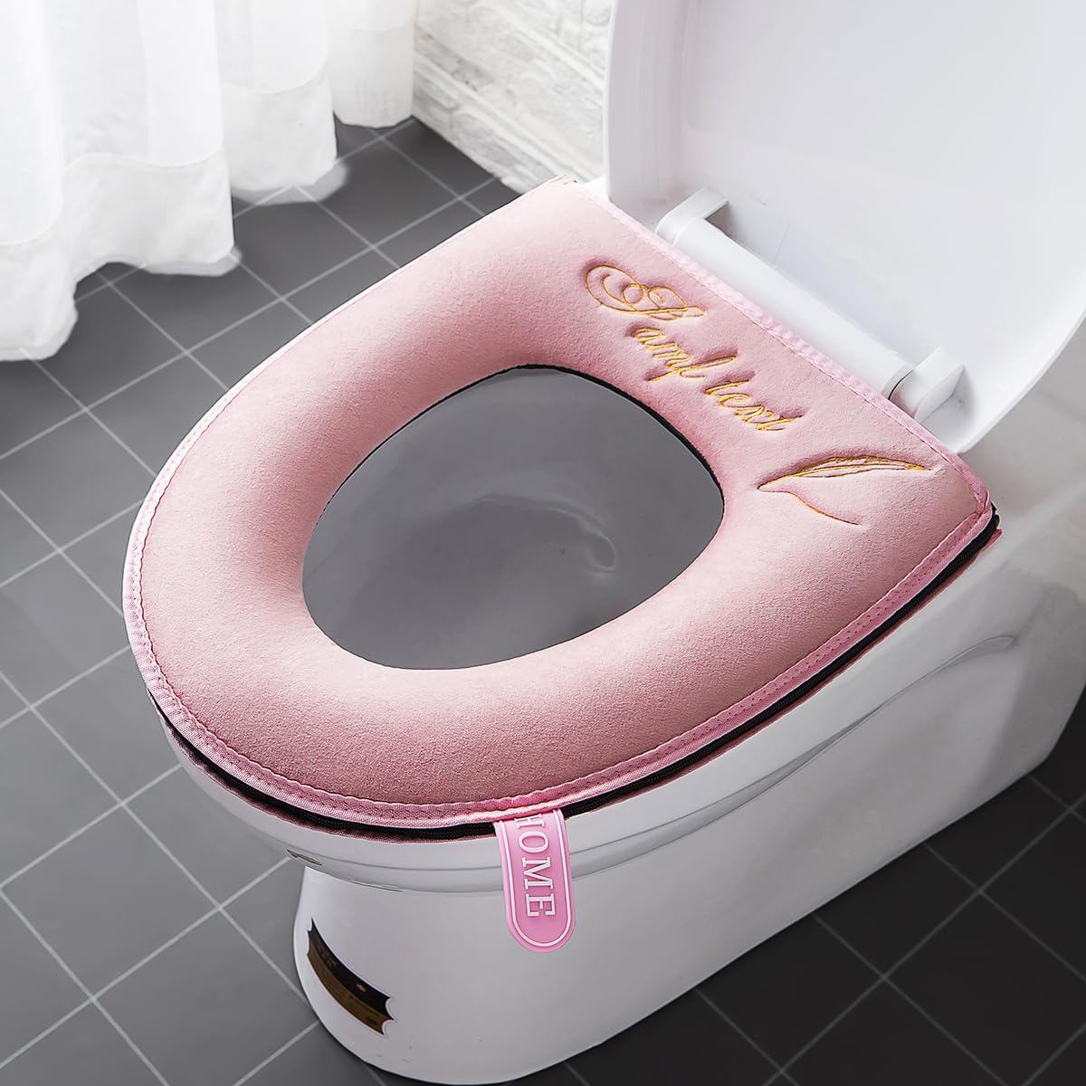 timecity Warmer Toilet Seat Pads with Zipper Pink Toilet Seat Cover with Lifter Handle Set Washable Velvet Toilet Seat Cushion Soft Thicker Toilet Seats Warmer Mat, Pink