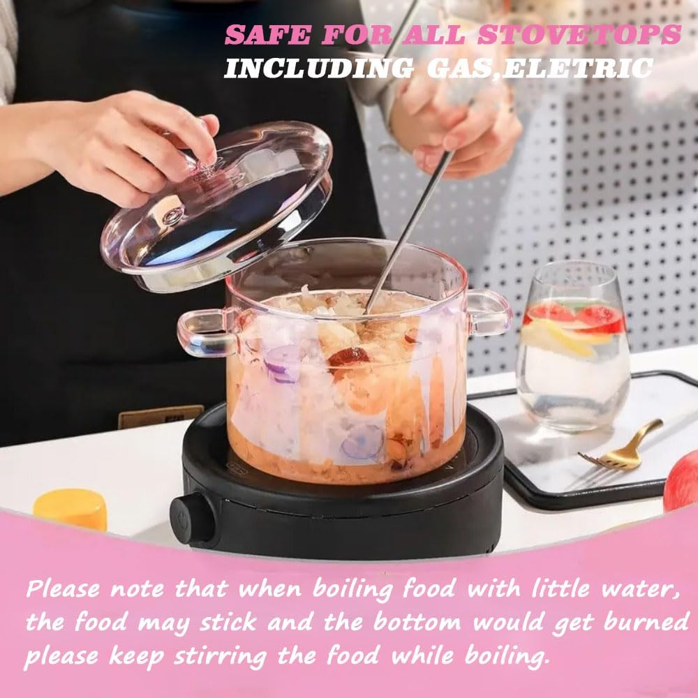 2L/70.4 fl. oz. Clear Glass Pot with Lid Saucepan and Saucepan Heat Resistant Glass Stove and Pan with Lid Soup, Milk, Baby Food, Pasta (72oz/2000ml Pink)