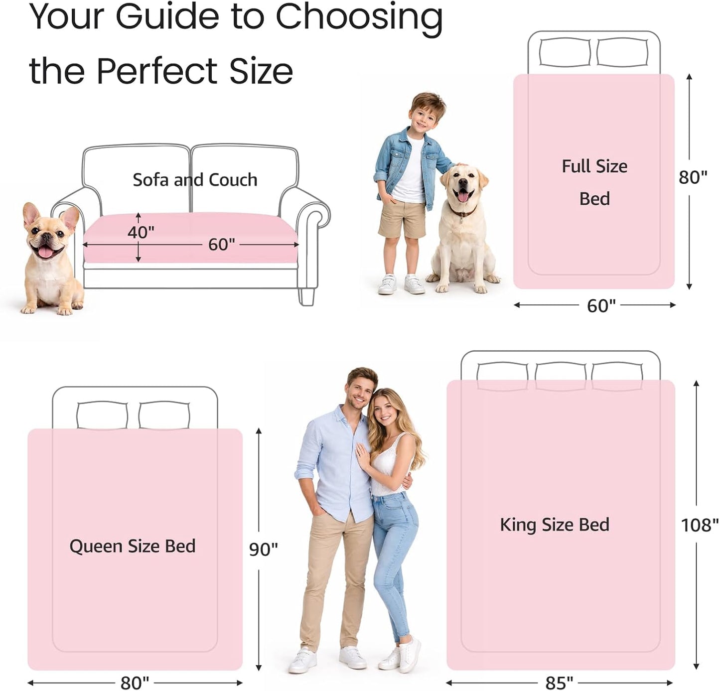 LOOBANI Waterproof Blanket for Bed: Reversible Leakproof Full/Queen Bed Blankets 80" x 90", Soft Flannel & Coral Fleece Bed Blanket Water Resistant for Couch Sofa Cover, Movie Time, Camping, Pink