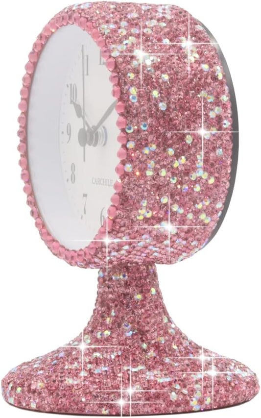 Luxury Rhinestone Small Alarm Desk Table Clock Morning Call Handmade Fashion Design for Bedroom Houseroom Living Room Cute As Gift AR (Pink)