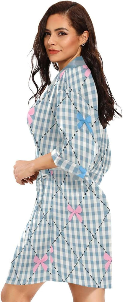 Pink Blue Bow Check Womans Bathrobes Classic Woman's Night Shirts for College Dorm