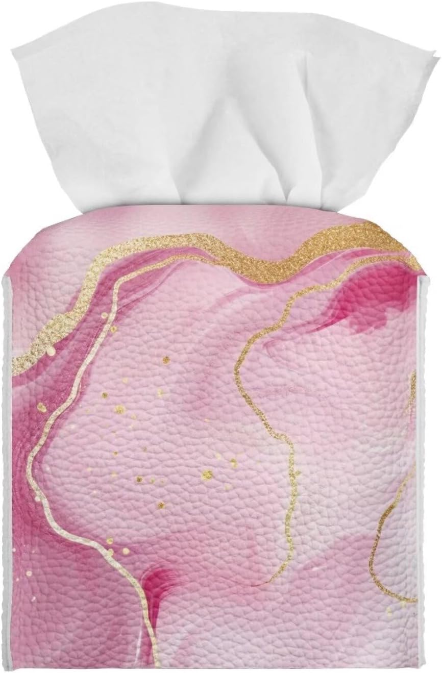 Pink Marble Leather Tissue Box Cover Marble Home Decor Tissue Box Holder Tissues Cube Boxes Novelty Office Desk Accessories Replacement Convenient for Outdoor