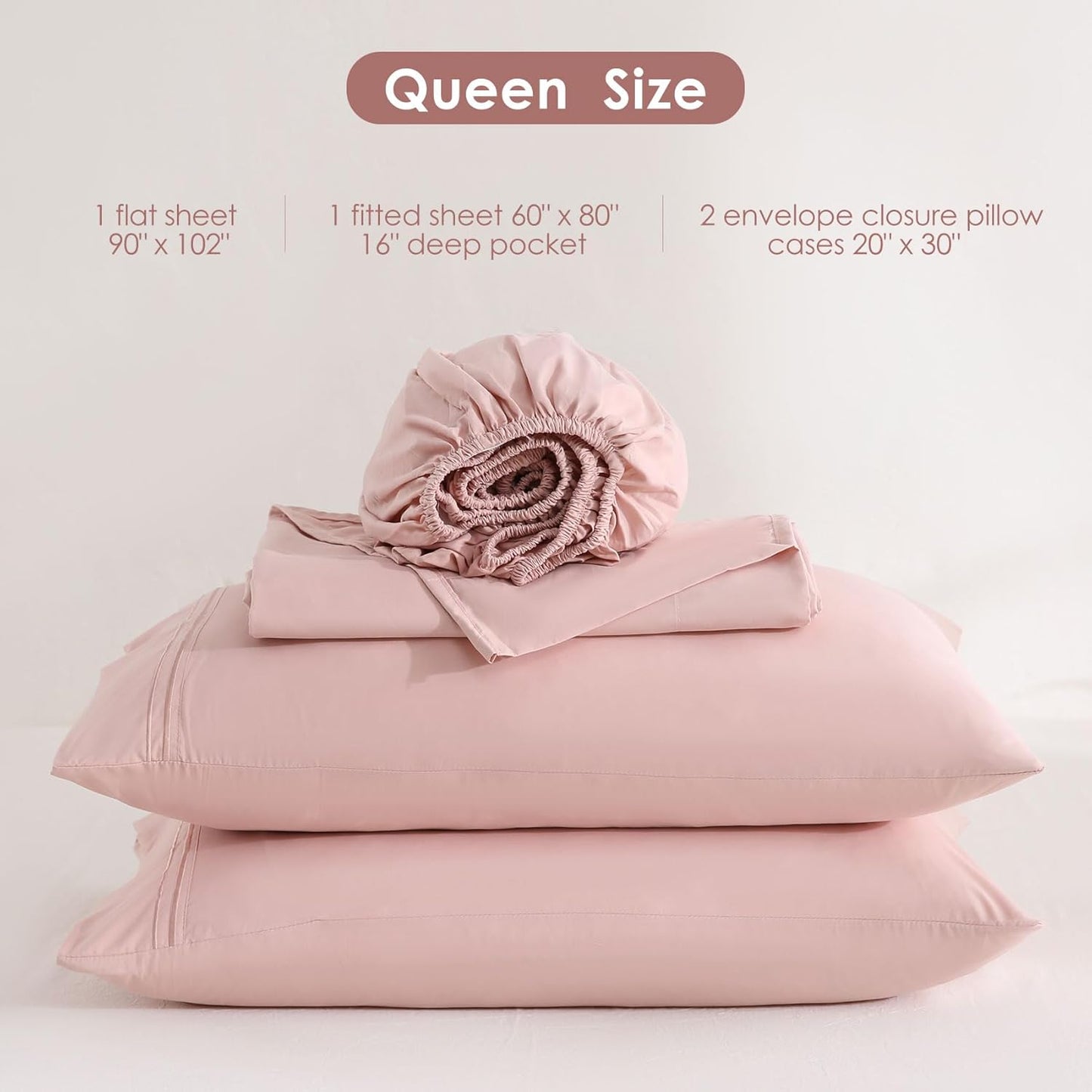 JSD Dusty Pink Queen Sheet Set with Side Storage Pocket, 4 Piece Soft Microfiber Bed Sheets Deep Pocket Corner Straps Oeko-Tex Certified