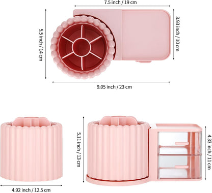 360 Rotating Makeup Organizer Countertop with 2 Drawers, Makeup Brush Holder, Small Preppy Organizer, 9.25x5.11 Inch, Pink