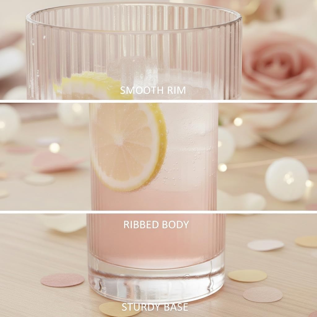 Physkoa Peach Ribbed Drinking Glasses Set of 6 – Vintage Embossed Highball Glassware, Thick Premium Tumbler Cups for Water, Cocktails, Iced Coffee, Modern Kitchen Bar Gift Set