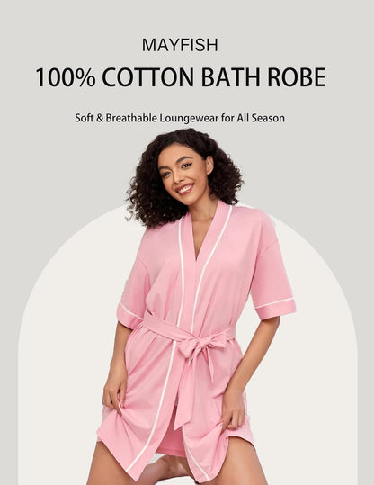 Women's 100% Cotton Robes Summer Lightweight Bathrobe Short Kimono Robe for Women Soft Loungewear with Pockets