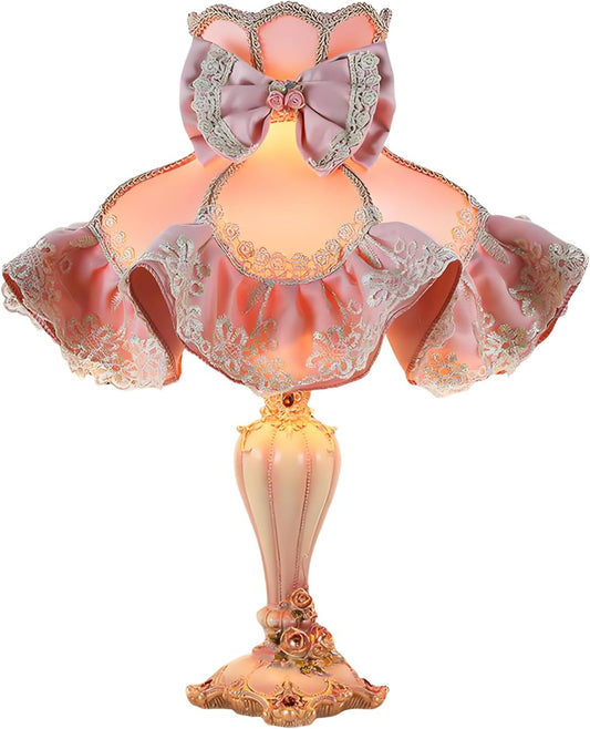 Euro-Style Pink Princess Table Lamp, Victorian Lace Fancy Desk Lamps, Pink Bow Bedside Lamp with Fabric Shade & Floral Resin Base House Warming Gifts New Home Decor Gifts for Women Mom