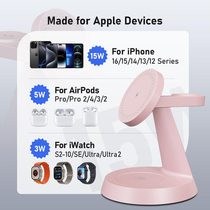 Charging Station 3 in 1 Wireless Charger for Apple Devices, 15W MagSafe Stand Compatible with iPhone 17 16 15 14 13 12 Pro Max Plus, Charging Dock for AirPods 4 3 2 & iWatch Series (Pink)