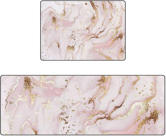 Kitchen Rugs Kitchen Mats for Floor 2 Pieces Liquid Marble Painting Gold Pink Kitchen Mat Set Non Slip Soft Absorbent Coral Velvet Washable Kitchen Rug Set 17.7×29.1Inch + 17.7×58.2Inch