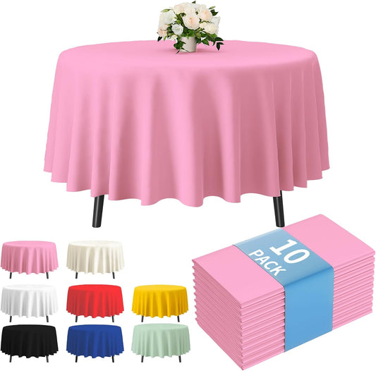 Fixwal Pink Plastic Table Cloth Disposable 84 Inch, Waterproof Round Tablecloth 10 Pack for Party, Mothers Day, Picnic, Birthday