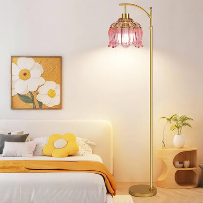 QIYIZM Pink Floor Lamp for Living Room,Bedroom,Gold Dimmable Standing Lamp with Remote,Mid Century Modern Brass Tall Lamp Boho Floor Lamps Arc Stained Glass Flower Floor Light Lamp Girls kids Bohemian