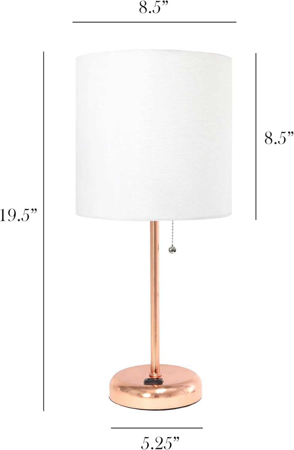Simple Designs LT1144-RGD Sleek and Slender Rose Gold Table Lamp with Charging Outlet, for Bedroom, Living Room, Entryway, Office, Dining Room, Study, White Shade