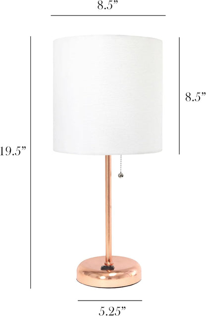 Simple Designs LT1144-RGD Sleek and Slender Rose Gold Table Lamp with Charging Outlet, for Bedroom, Living Room, Entryway, Office, Dining Room, Study, White Shade