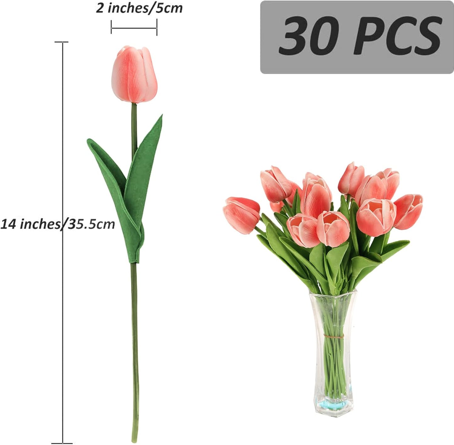 KOILLUXU Artificial Flowers 30pcs Bouquet 14" Tall Real Touch Tulips, Peach Pink PU Fake Tulips Flowers for Arrangement Wedding Party or Easter Spring Home Centerpiece Dining Room Office Table Décor.