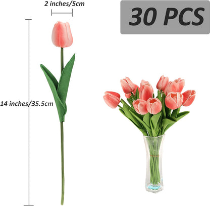 KOILLUXU Artificial Flowers 30pcs Bouquet 14" Tall Real Touch Tulips, Peach Pink PU Fake Tulips Flowers for Arrangement Wedding Party or Easter Spring Home Centerpiece Dining Room Office Table Décor.