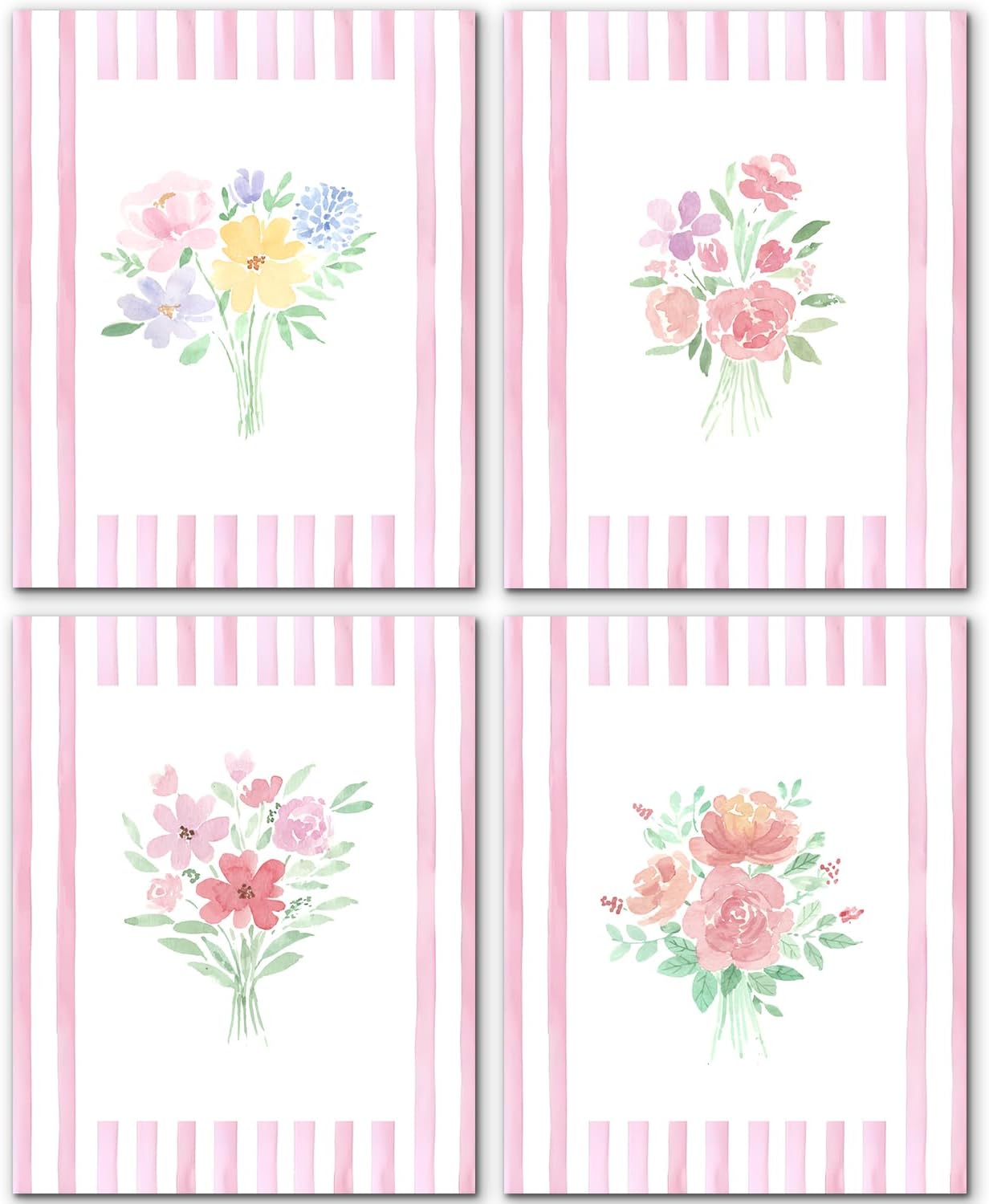 JINYO Preppy Pink and White Striped Floral Wall Art Prints Set of 4, Floral Room Decor, Pastel Rustic Wildflower Botanical Posters Pictures Wall Decor for Girls Bedroom Dorm, 8x10 Unframed