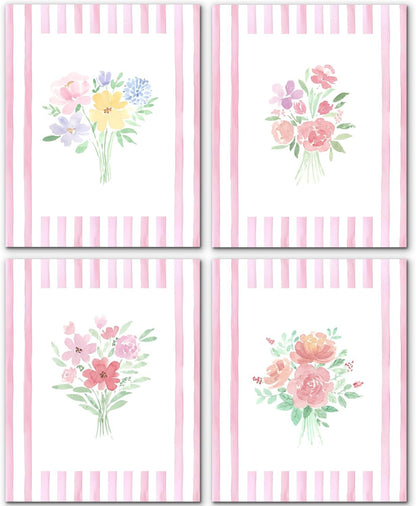 JINYO Preppy Pink and White Striped Floral Wall Art Prints Set of 4, Floral Room Decor, Pastel Rustic Wildflower Botanical Posters Pictures Wall Decor for Girls Bedroom Dorm, 8x10 Unframed