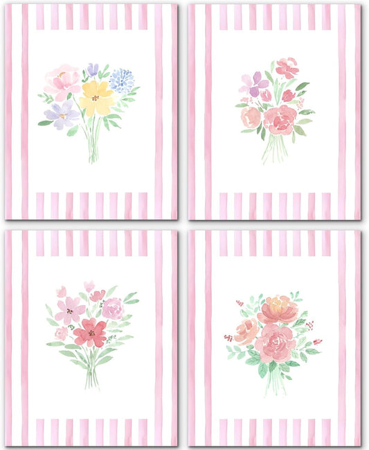 JINYO Preppy Pink and White Striped Floral Wall Art Prints Set of 4, Floral Room Decor, Pastel Rustic Wildflower Botanical Posters Pictures Wall Decor for Girls Bedroom Dorm, 8x10 Unframed
