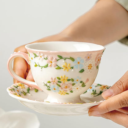 Handmade Ceramic Cup and Saucer Set, 7 Oz Flower Bone China Cappuccino & Tea & Latte Coffee Cup For Women Tea Party & Christmas & Mother's Day(1 Set, Pink)