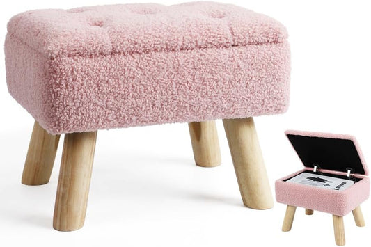 OGEMXU Storage Ottoman, Small Foot Stool Ottoman with Storage, Boucle Teddy Velvet Foot Rest with Padded Seat, Sturdy Wood Legs Stool for Living Room, Bedroom, Couch, Enterway (Pink)