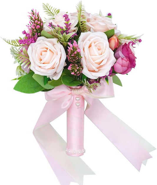 Blush & Magenta Wedding Bouquets for Bride Bridesmaid Artificial Roses Flowers Bridal Bouquet for Rustic French Vintage Formal Wedding Church Home Decoration