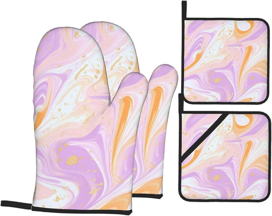 Oven Mitts and Pot Holders Set Light Pink Marble Art Liquid Heat Resistant Kitchen Gloves 2 Oven Mitts and 2 Pot Holders for Cooking Baking BBQ