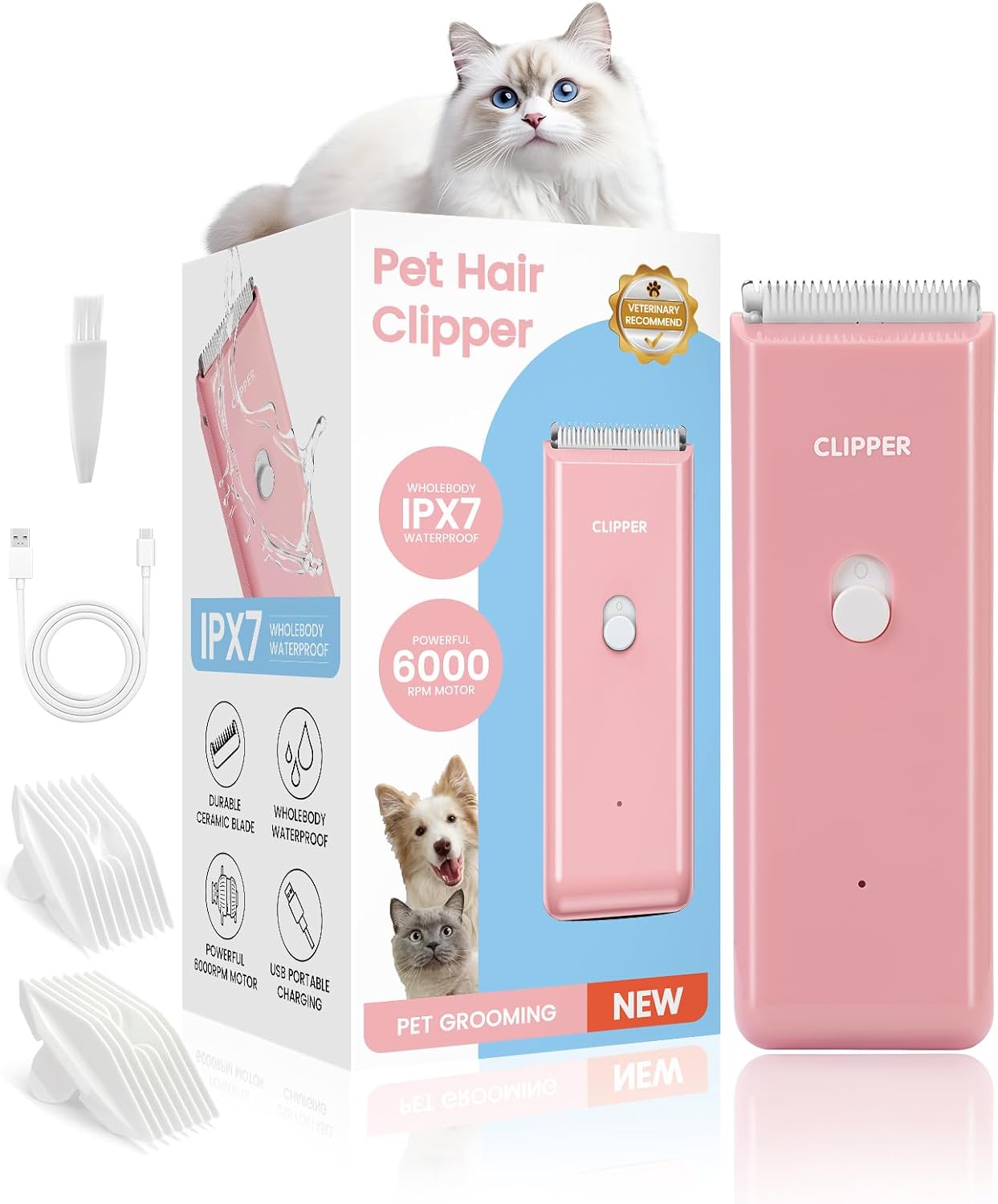 Upgrade Home Professional Dog Grooming Kit Clipper for Matted & Long Hair, Cordless Pet Shaver Low Noise USB Rechargeable for Cats, Small&Medium Dogs, Handy Pet Hair Grooming Trimmer, Pink