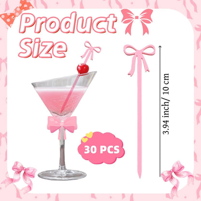 30 pcs Pink Bow Cocktail Picks, Cute Fruit Skewers for Party, Acrylic Bowknot Toothpicks for Appetizers Cake Drink Dessert Birthday Coquette Party Decorations