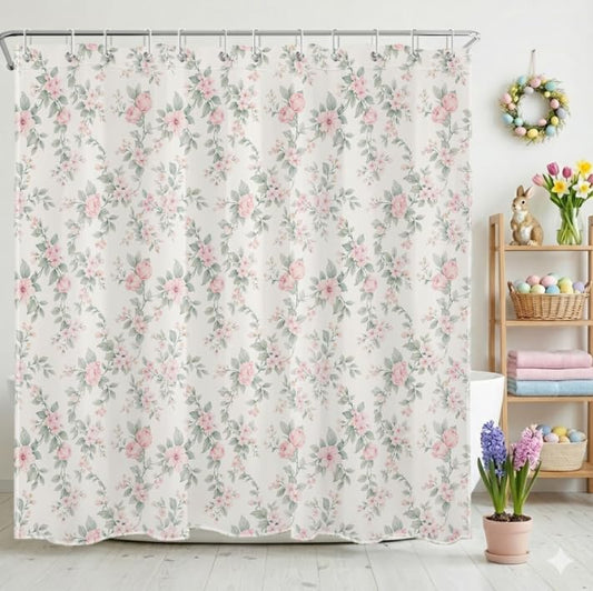 Pink and Sage Green Floral Shower Curtain, Vintage Farmhouse Flower Shower Curtains for Bathroom, Cottage Bathroom Decor 72Wx72H