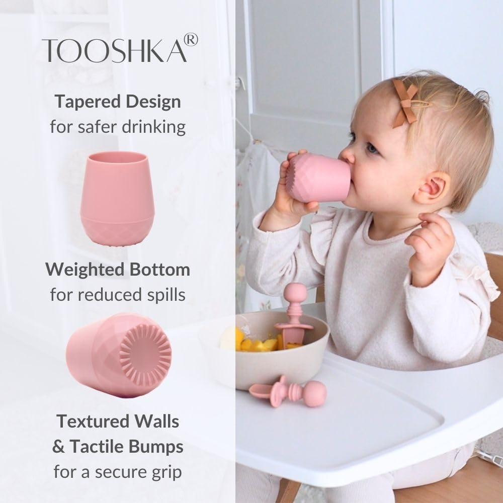 Tooshka® Baby Utensil Set (3 pcs) - Self Feeding Spoons and Tiny Cup - Silicone & BPA Free - Baby-Led Weaning (BLW) Supplies - Ages 6+ Months - Pink Baby Cup & Utensils
