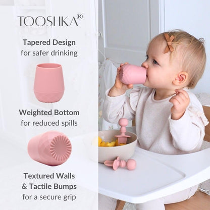 Tooshka® Baby Utensil Set (3 pcs) - Self Feeding Spoons and Tiny Cup - Silicone & BPA Free - Baby-Led Weaning (BLW) Supplies - Ages 6+ Months - Pink Baby Cup & Utensils