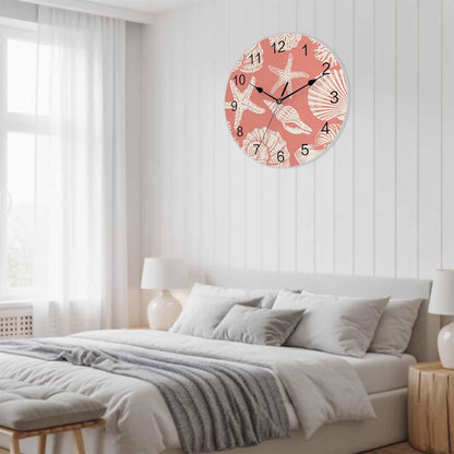 LooPoP Wall Clock Shell Starfish Clocks PVC Silent Non-Ticking Battery Operated Decorative Pink Coastal Coral Conch Round Clock for Home Living Room Kitchen Bedroom Office School Wall Decor 10 Inch