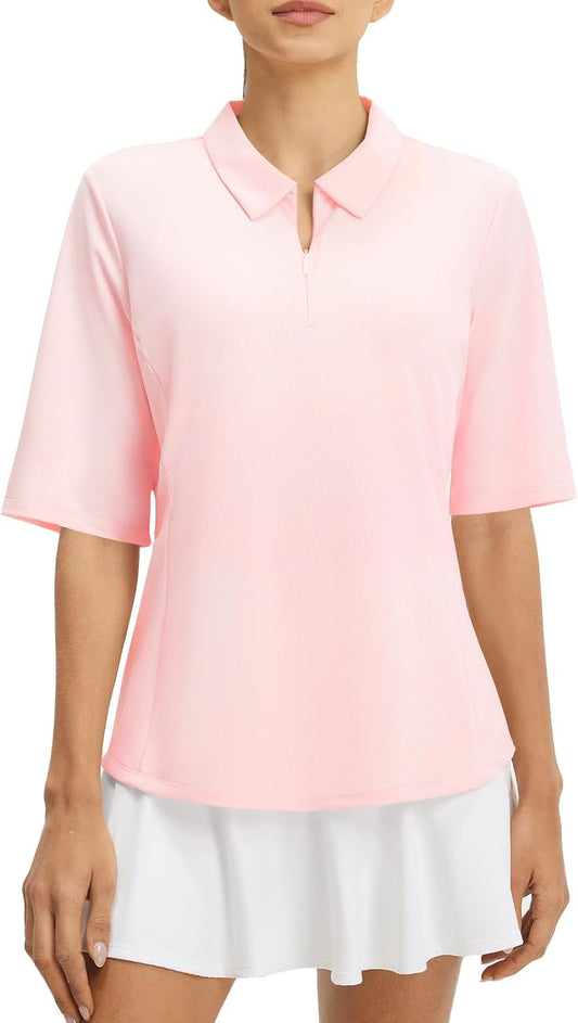 baleaf Women's Golf Shirts Half Sleeve Elbow Length Sleeves Polo Tops Workout Athletic Collared Quarter Zip V Neck UPF