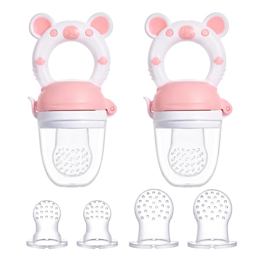 JOCHEBED Baby Fruit Food Feeder Pacifier, Silicone Teething Relief Toy, 2-Pack with 6 BPA-Free Pouches, Light Pink, 3-24 Months