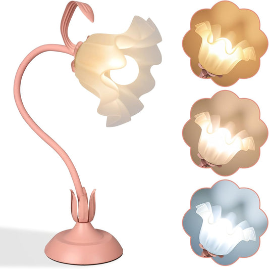 Flower Desk Lamp, LED Reading Light Flower Table Lamp, 3 Colors Flower Lamp for Girls Bedroom, Adjustable Flexible Nightstand Lamps, Bedside Table Lamp for Bedroom, Living Room, Home Decor (Pink)