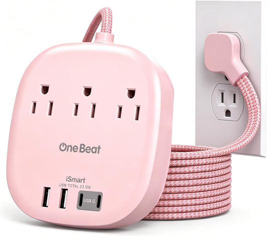 Cruise Ship Travel Essentials, 22.5W/4.5A Flat Plug Power Strip, 6Ft Extension Cord, 3 Outlets 4 USB Ports (2 USB C) Cruise Approved Power Strip No Surge Protection, Desktop Charging Station, Pink